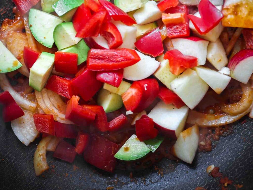 veggies added to pan with curry paste